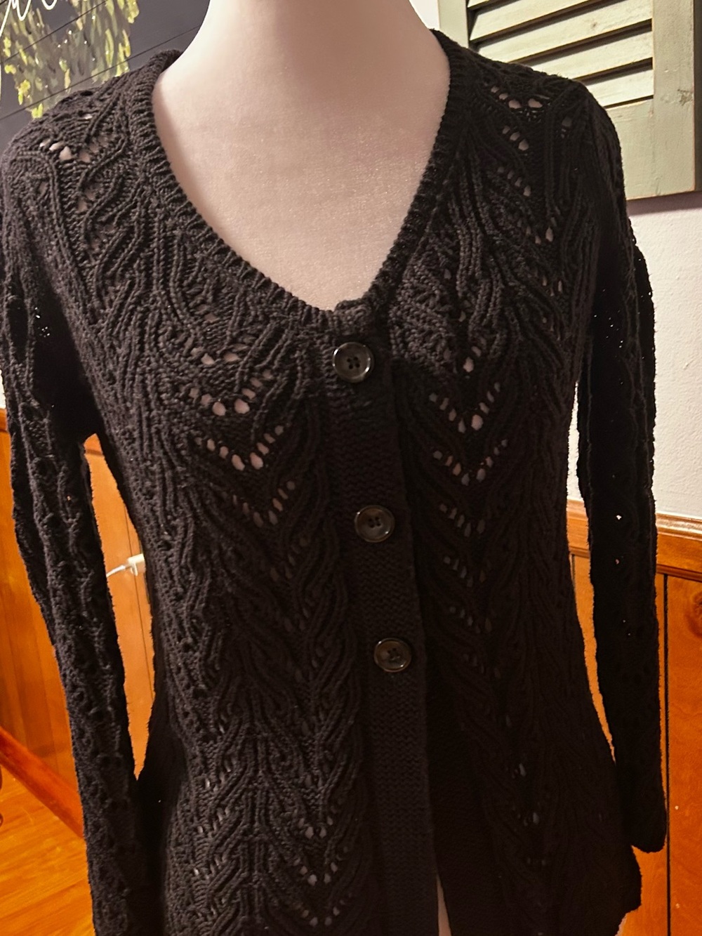 Talbots Black Open-Knit Button Front Cardigan